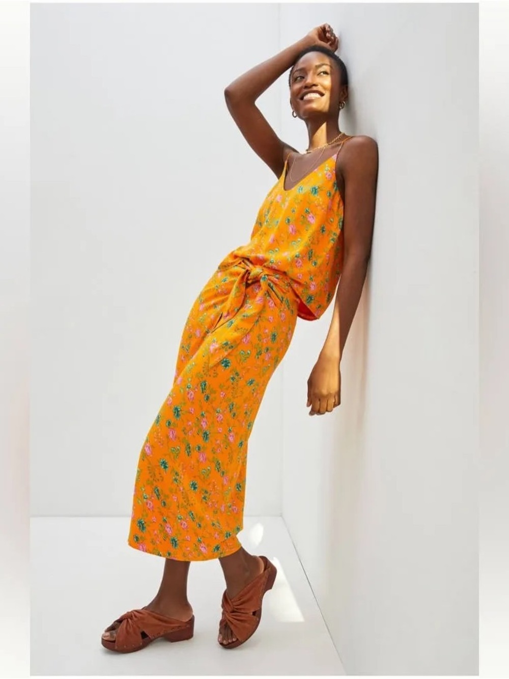 Anthropologie Sabia Faux Wrap Midi Skirt Orange Floral Size 4